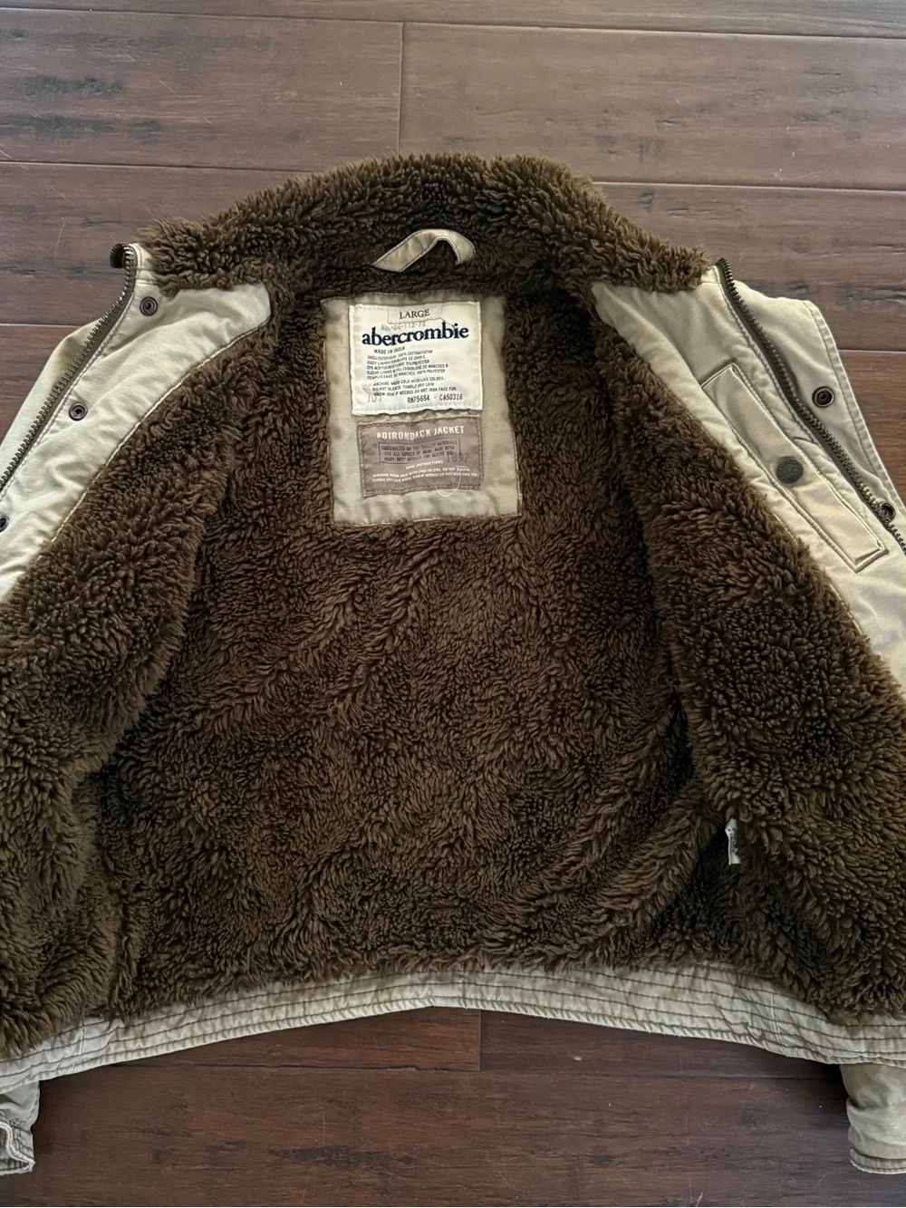 Abercrombie & Fitch Men's Khaki Jacket with Brown Sherpa Collar
